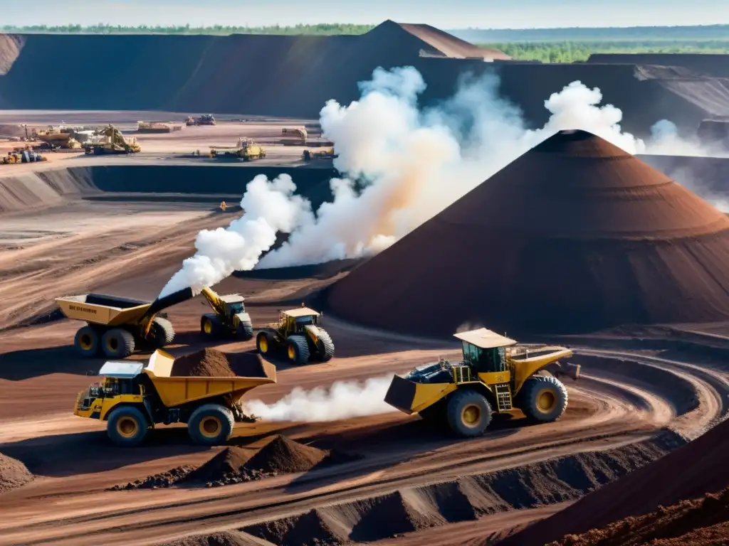 Trabajo en mina de metales raros con impacto ambiental, muestra maquinaria y paisaje industrial contrastando con naturaleza