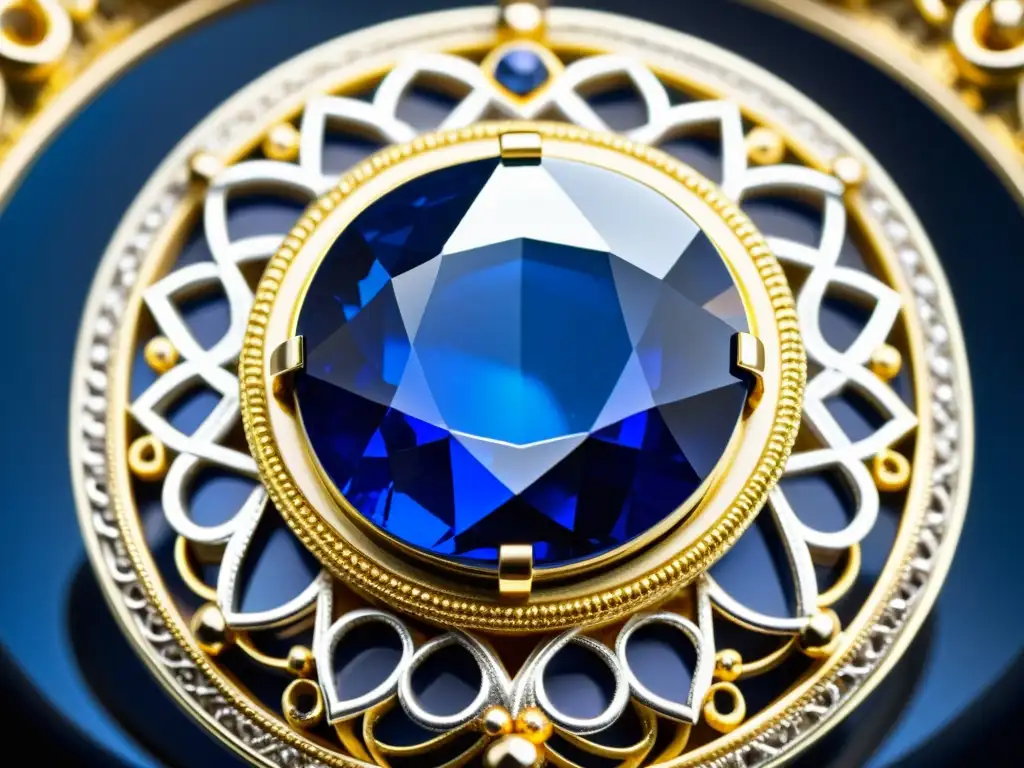 Sri Lankan Temple Sapphire: Belleza Azul Trayectoria zafiro templo Sri Lanka: Detalle del zafiro azul en un engaste ornamental, reflejando su belleza atemporal y significado cultural