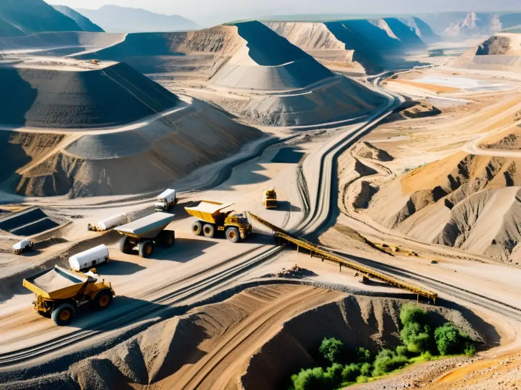 Trazabilidad minerales zonas conflicto: Mina en área conflictiva, con maquinaria en terreno montañoso y condiciones laborales duras