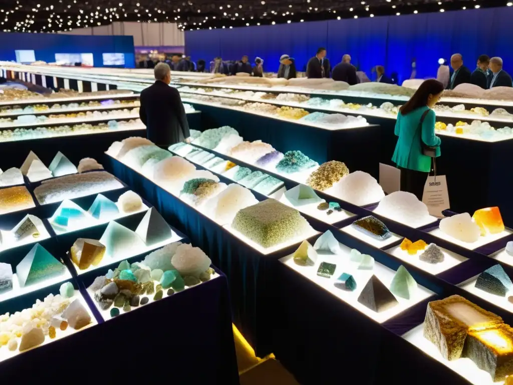 Mineral Fair: Vibrante Exhibición Internacional Turismo en ferias internacionales de minerales: Escena vibrante en la feria con visitantes y vendedores interactuando entre brillantes minerales