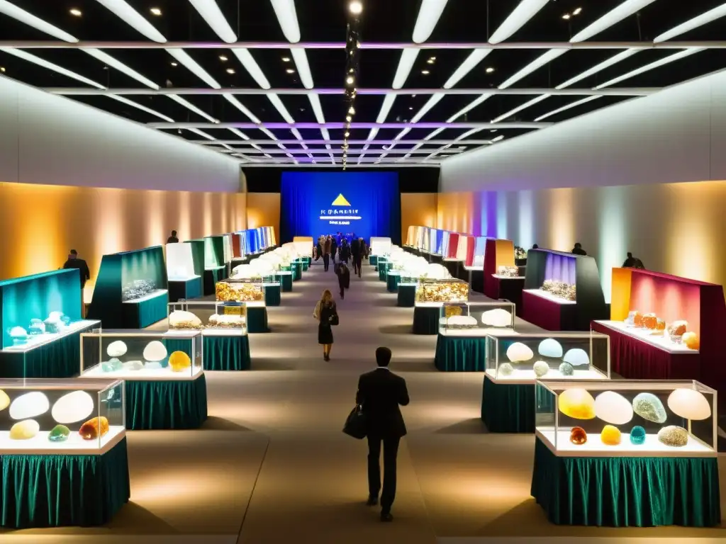 Expo de Minerales y Gemas: Brillo y Color en un Mundo de Maravillas Turismo en ferias internacionales de minerales: Convención llena de minerales y gemas brillantes, con un ambiente vibrante y lleno de color