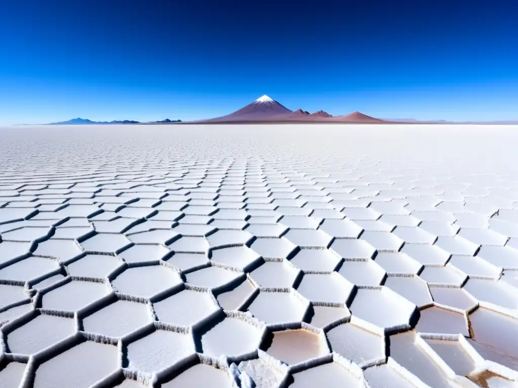 Vasta belleza del Salar de Uyuni en Bolivia, con patrones hexagonales de sal, maquinaria industrial y la extracción de litio en Sudamérica