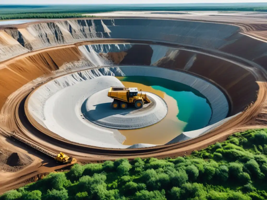 Un vasto hoyo de minería de diamantes, con maquinaria pesada, trabajadores y un impacto ambiental evidente