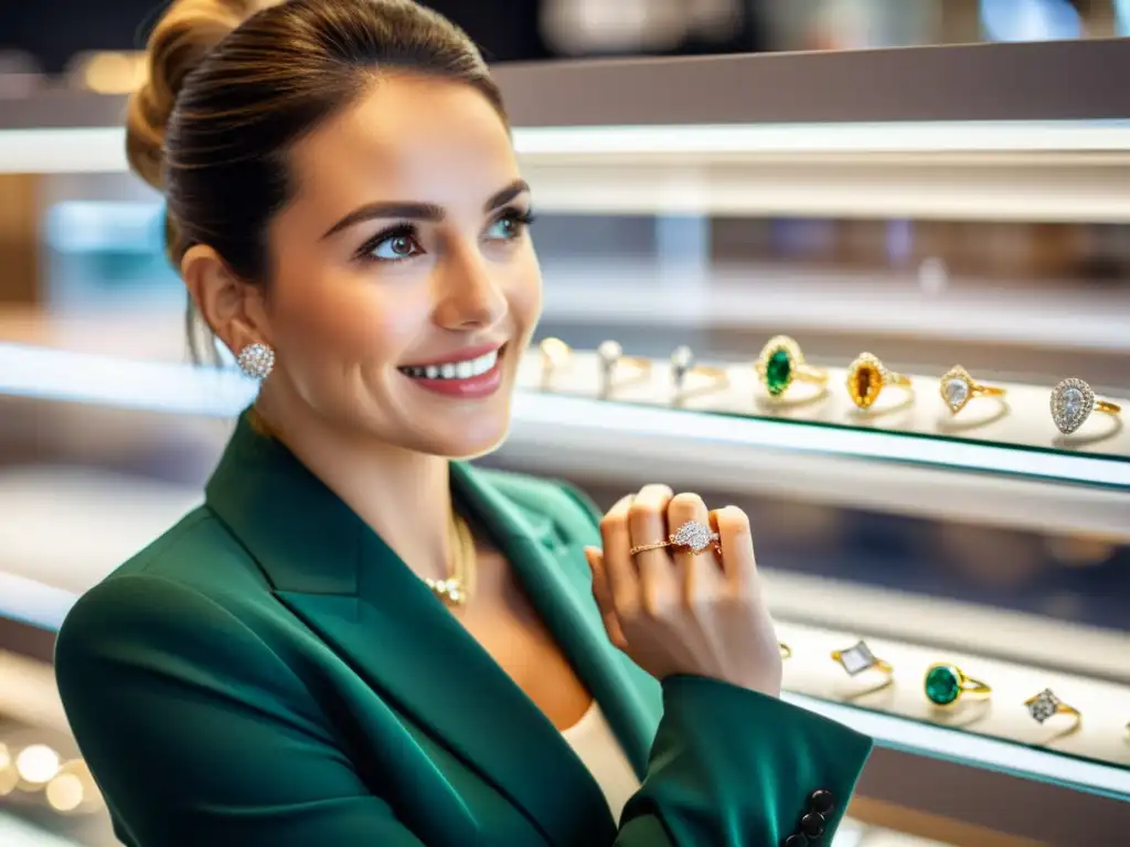 Un vendedor experto presenta elegantes anillos a un cliente en una joyería