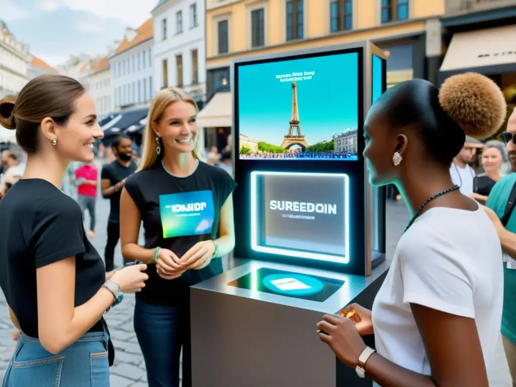 Vibrante escena de marketing de guerrilla para joyerías en la ciudad, con interacción creativa y energía innovadora