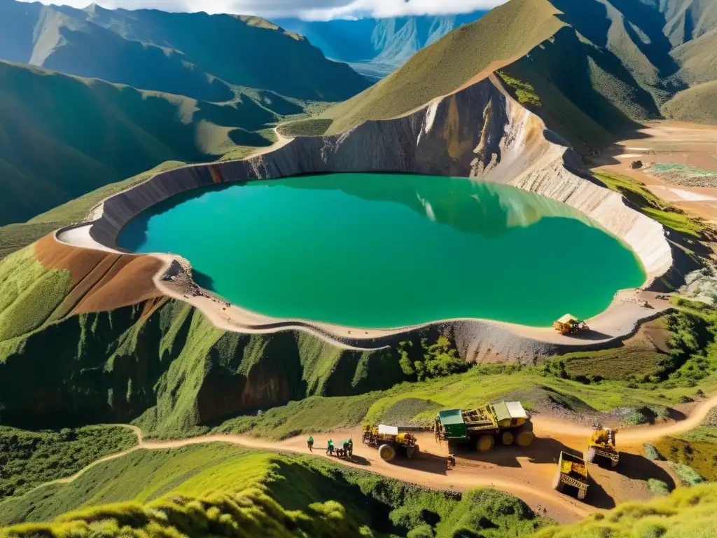 Vibrante escena de la mina Gachalá y la odisea de la esmeralda en los Andes, con mineros trabajando entre paisaje montañoso y gemas verdes