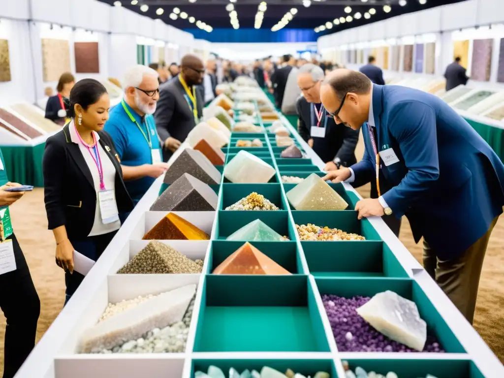 Exposición Internacional de Minerales: Diversidad y Emoción Vibrante feria internacional de minerales, con diversidad de asistentes explorando coloridas muestras en elegantes puestos