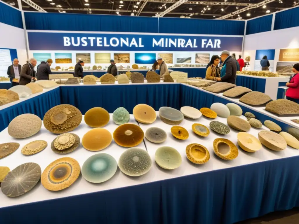 Vibrante feria internacional de minerales y fósiles, con exhibición y animadas discusiones sobre fósiles en ferias internacionales minerales