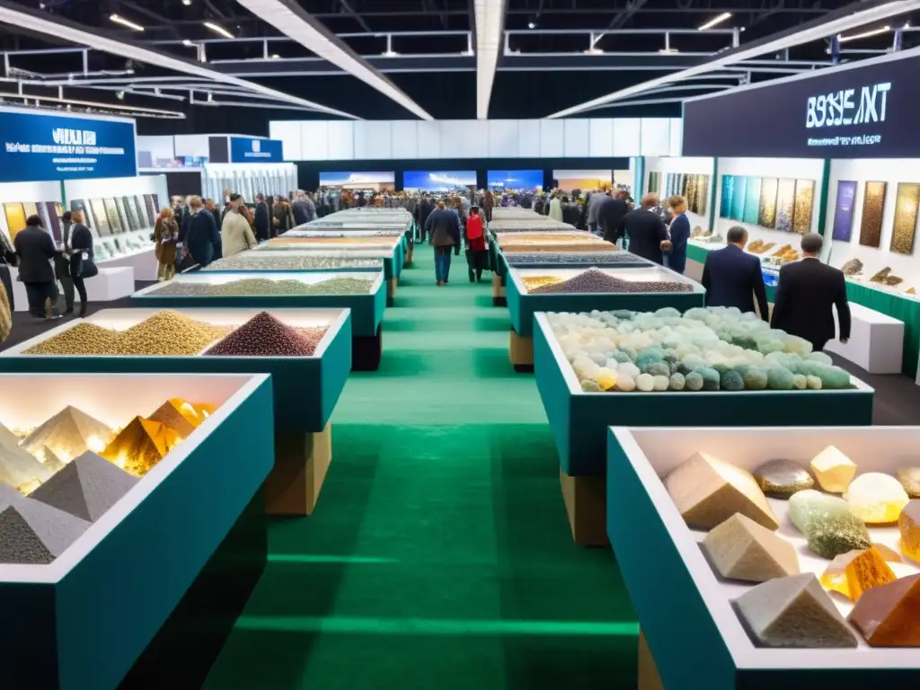 Vibrante feria internacional de minerales con consejos para comprar minerales en ferias, exhibiendo una variedad impresionante de minerales de todo el mundo