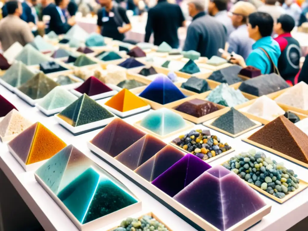 Vibrante feria mineral con coleccionistas y vendedores entusiastas, ofreciendo una amplia variedad de rocas y cristales coloridos