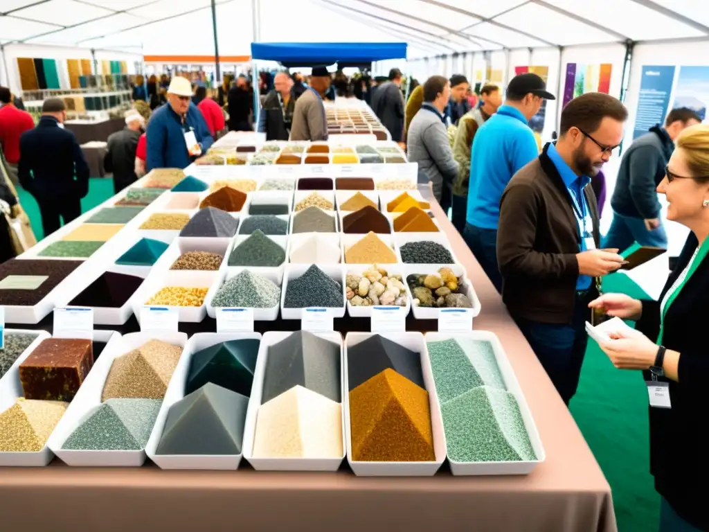 Vibrante feria mineral llena de coloridos puestos y expertos discutiendo la importancia de las ferias minerales en la conservación geológica