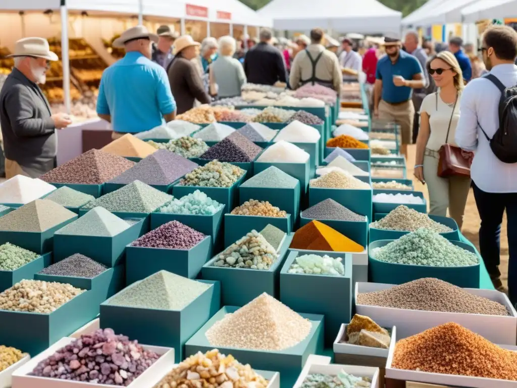 Colorida feria de minerales: exploración y aprendizaje Vibrante feria de minerales con coloridas rocas y cristales