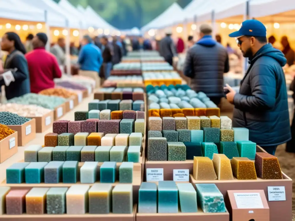 Vibrante feria de minerales con consejos para comprar minerales en ferias, exhibiendo coloridos y diversos especímenes