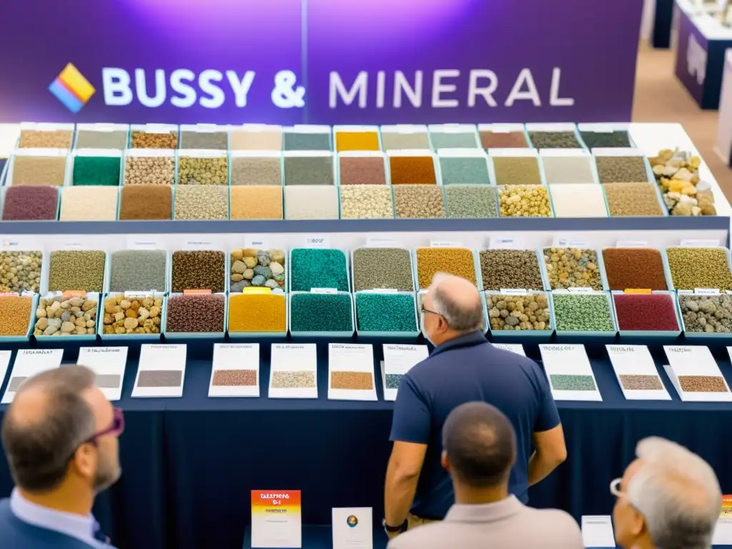 Vibrante feria de minerales con exhibición de especímenes coloridos y detallados, reflejando la dinámica de las ferias minerales estrategias marca