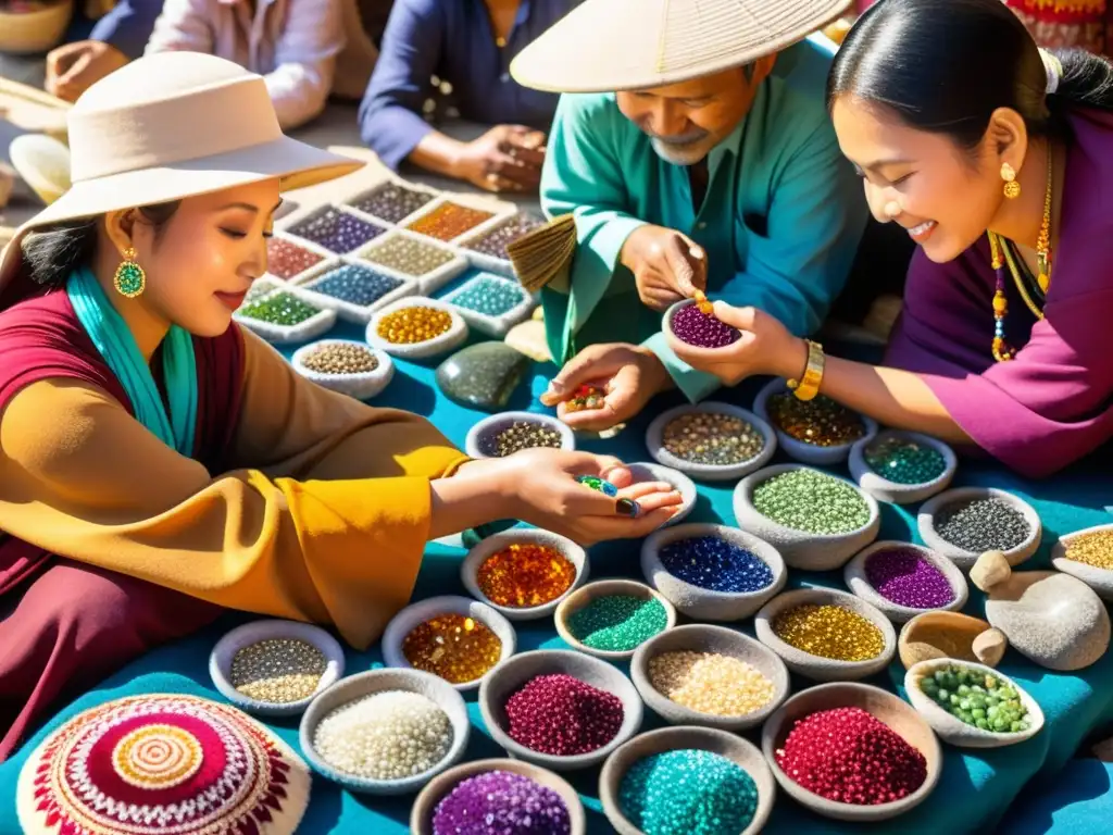 Vibrante feria de minerales y gemas en Asia, con colores y texturas deslumbrantes