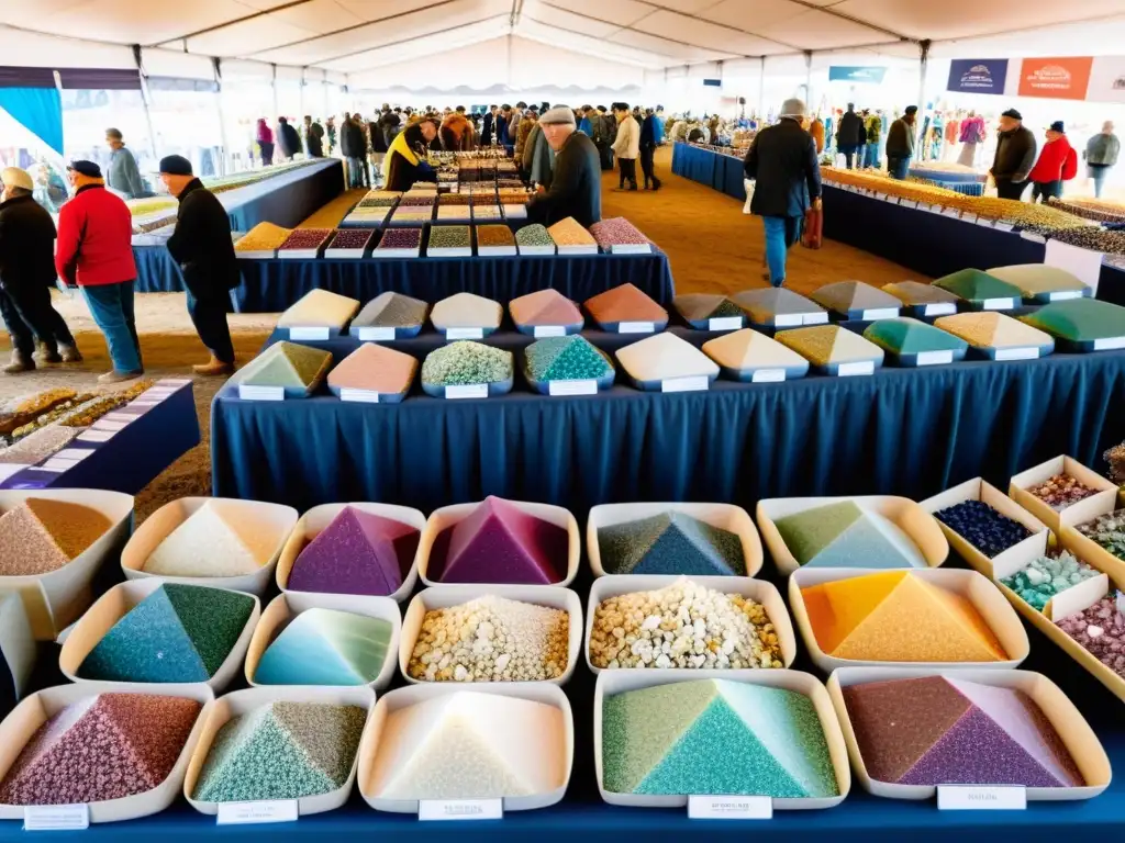 Vibrante feria de minerales: colores y emoción Vibrante feria de minerales con gran influencia cultural, exhibiendo una variedad impresionante de gemas y minerales