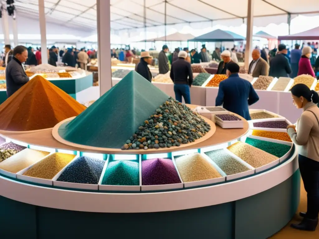 Vibrante feria de minerales con puestos coloridos y visitantes explorando, reflejando los orígenes y evolución global de ferias de minerales