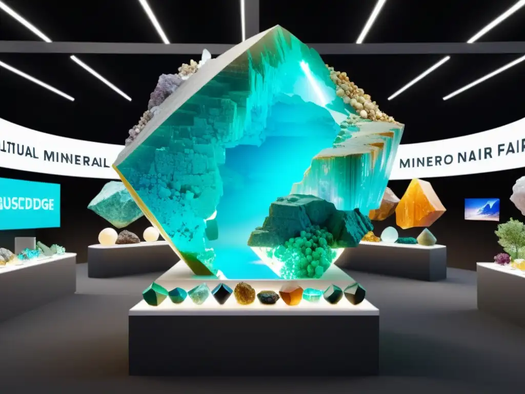 Vibrante feria virtual de minerales con 3D realistas y ambiente inmersivo reflejando la creciente popularidad de ferias virtuales minerales