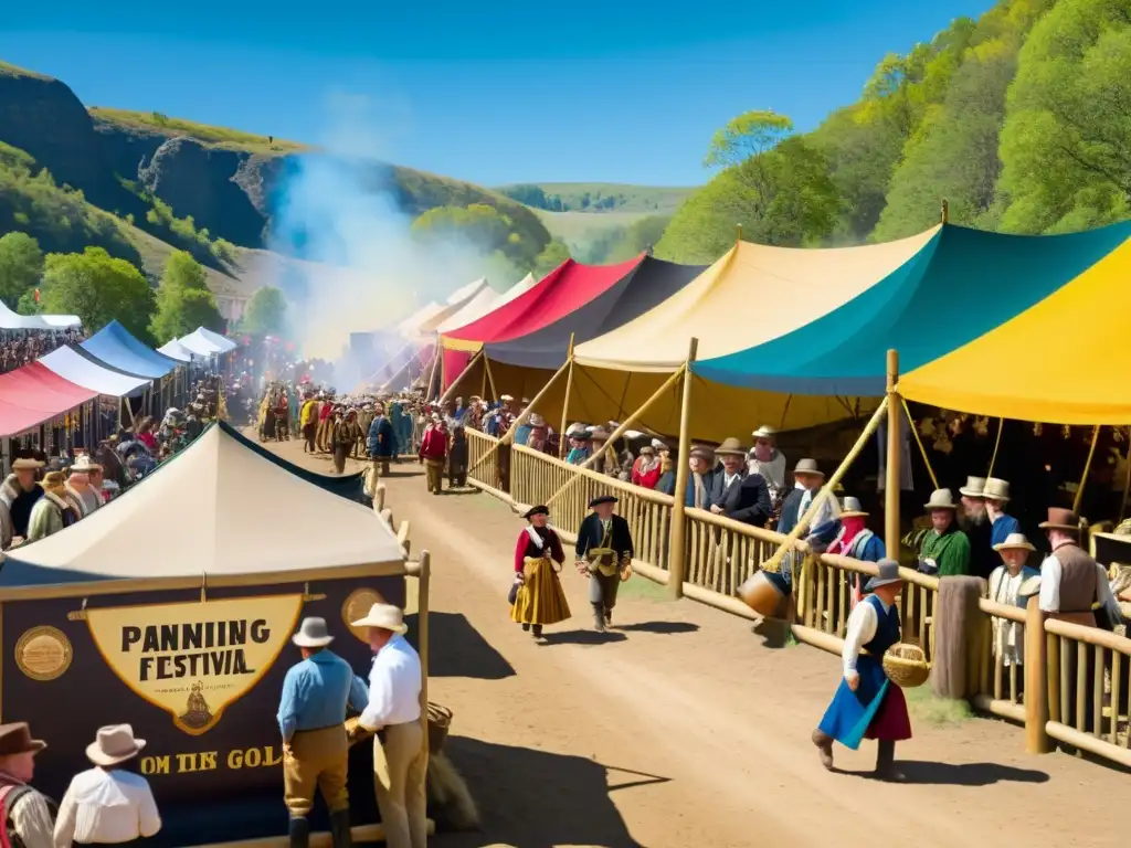 Vibrante festival minero histórico con gente y actividades tradicionales, destacando la riqueza cultural