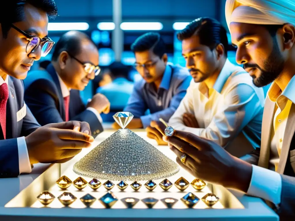 Vibrante mercado de diamantes con expertos evaluando y discutiendo, mostrando su valor como reserva de valor