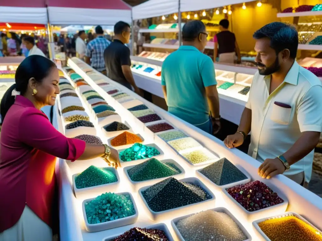 Vibrante mercado de gemas con inversión en topacio y turmalina, joyería y piedras sueltas de colores vivos, exhibidas bajo brillante iluminación