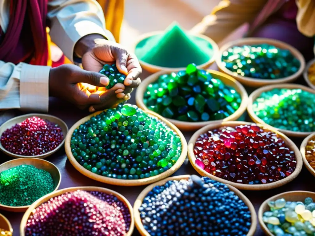 Vibrante mercado de gemas en Jaipur, India, reflejando tendencias de inversión en gemas con colores deslumbrantes y detalles intrincados