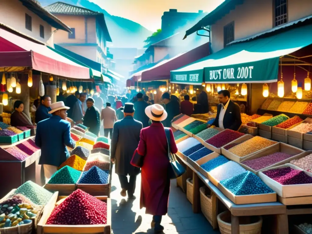 Vibrante mercado de gemas raras con luz dorada, energía y color