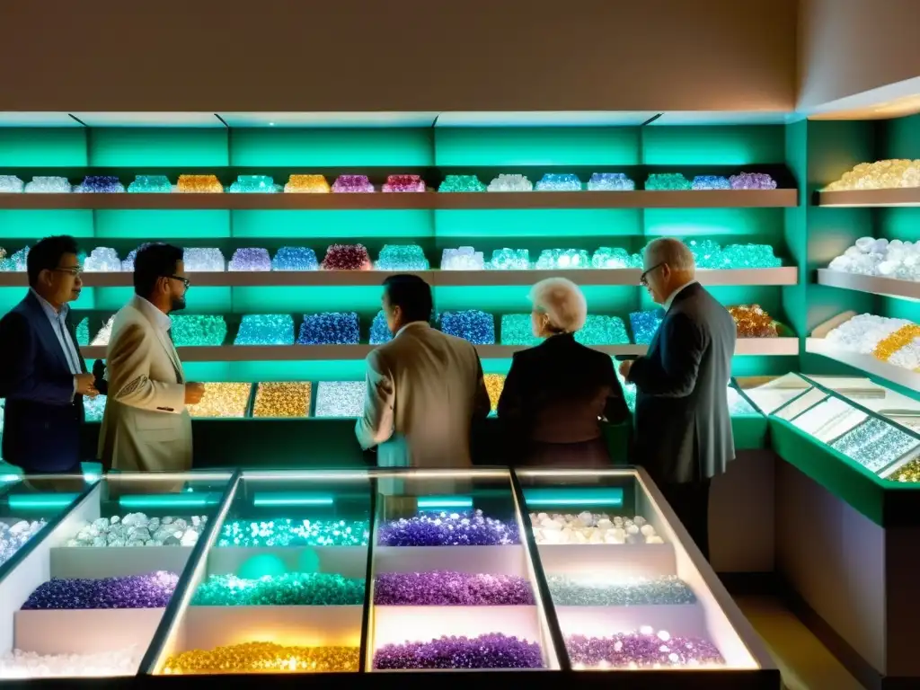 Mercado de gemas: exhibición vibrante y energética Vibrante mercado de gemas raras con inversionistas y entusiastas examinando preciosas piedras bajo suave iluminación