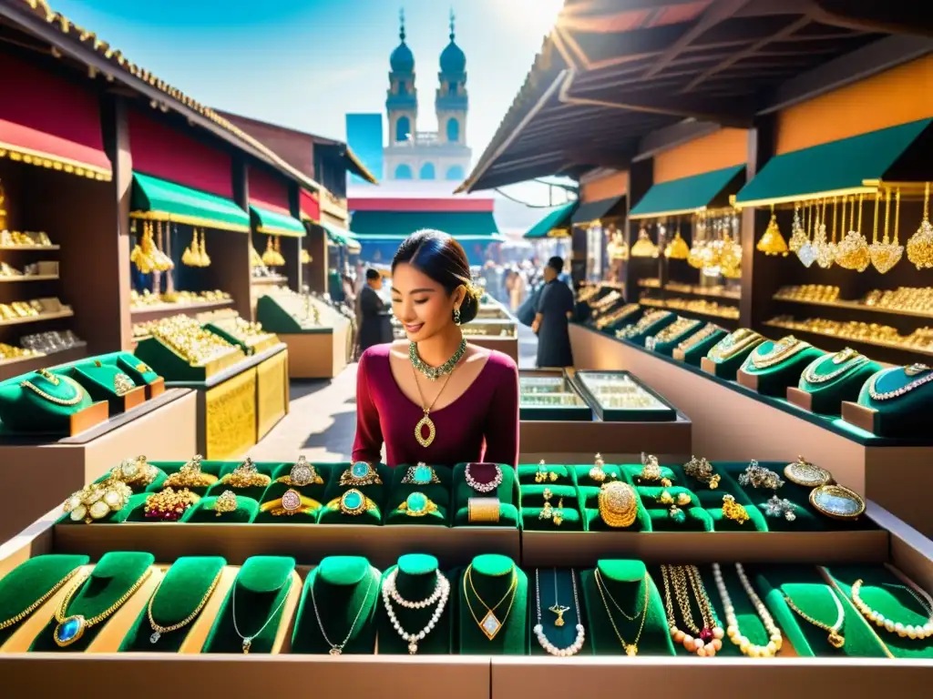 Vibrante mercado de joyería con artesanías y gemas preciosas, reflejando estrategias marketing local joyerías en un ambiente multicultural