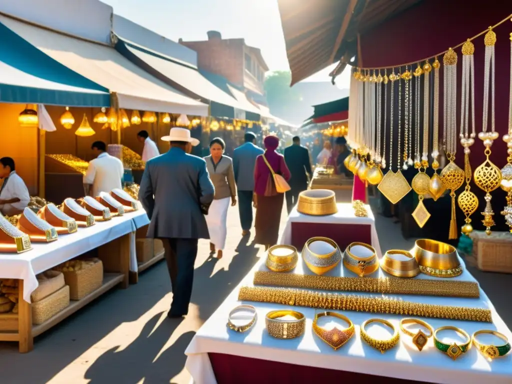 Un vibrante mercado de joyería con exquisitas piezas bajo la cálida luz solar, reflejando el posicionamiento en mercado de joyería