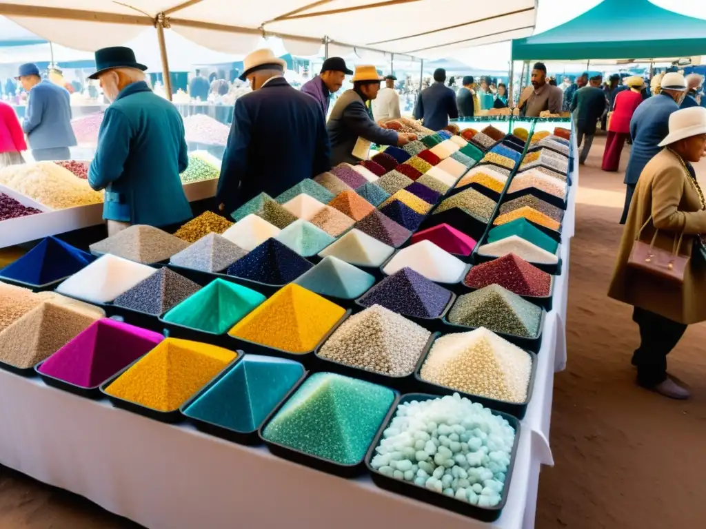 Mercado de Minerales: Colores y Emoción en Inversiones Un vibrante mercado de minerales y gemas, con compradores e inversores inspeccionando las deslumbrantes piedras preciosas bajo la luz natural