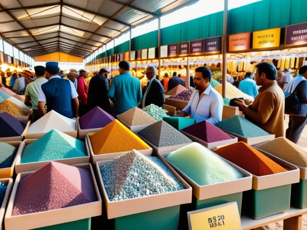 Mercado de Minerales: Colorido y Animado Vibrante mercado de minerales y gemas con opciones de inversión, bulliciosa atmósfera y diversidad de opciones para comprar y vender