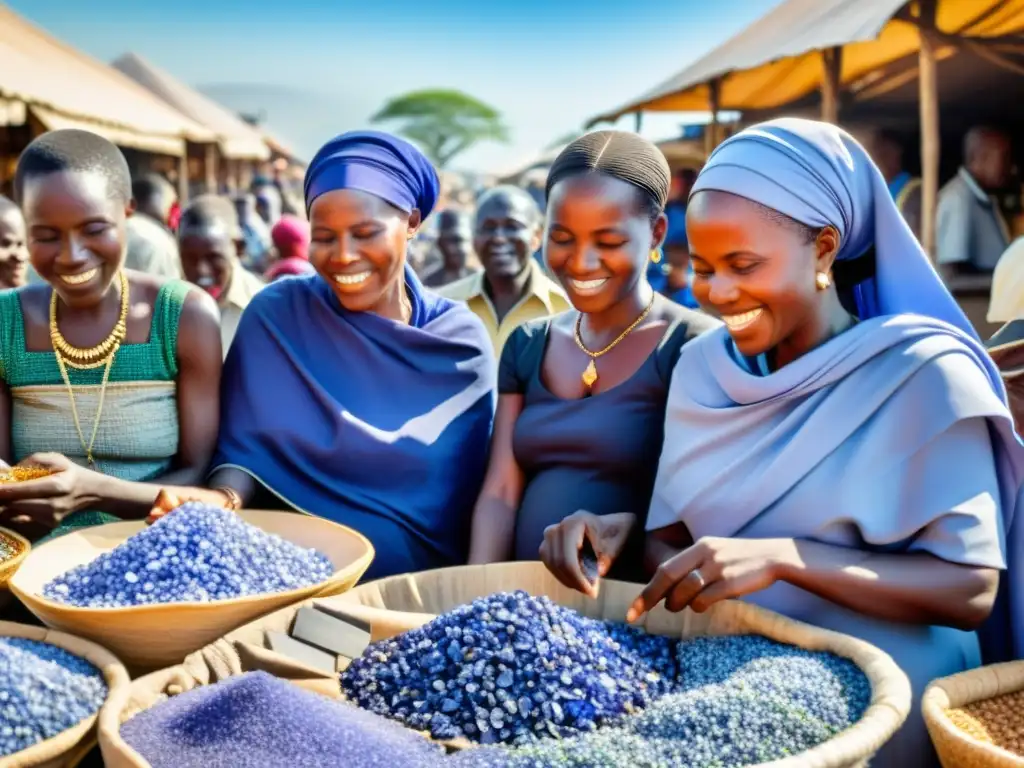 Vibrante mercado en Tanzania con vendedores de tanzanita, gema rara, bajo la luz natural