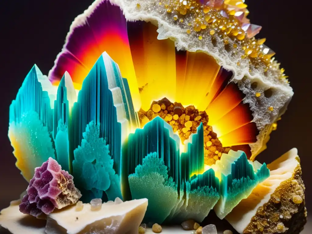 Vibrante mineral en museo, con cristales y texturas detalladas