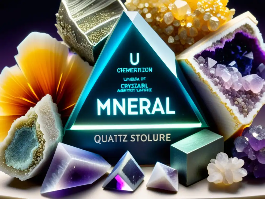 Vibrante exhibición de minerales con estructuras cristalinas, colores intensos y conexión a la tabla periódica