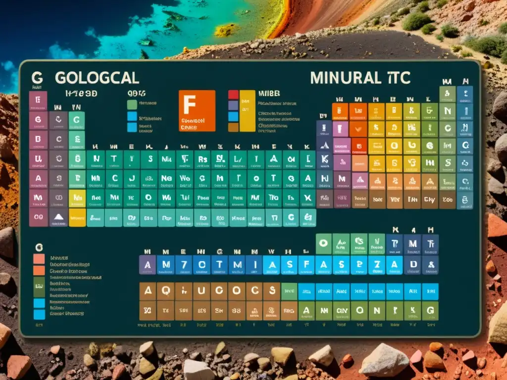 Vibrante tabla periódica de minerales en terreno geológico, muestra elementos comunes