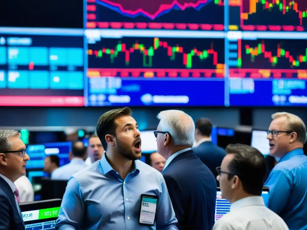 Vibrante trading floor con traders en acción y pantallas de datos financieros