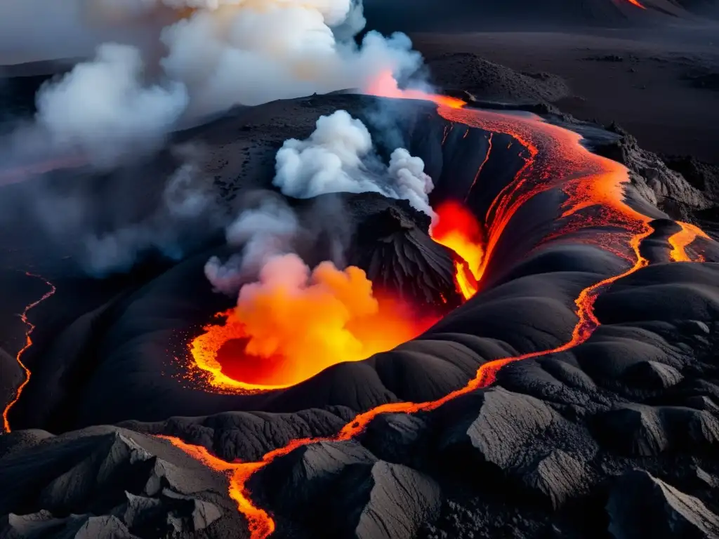 Viscosidad del magma y formación de minerales en el cráter volcánico, con colores vibrantes y movimiento dinámico con humo y vapor