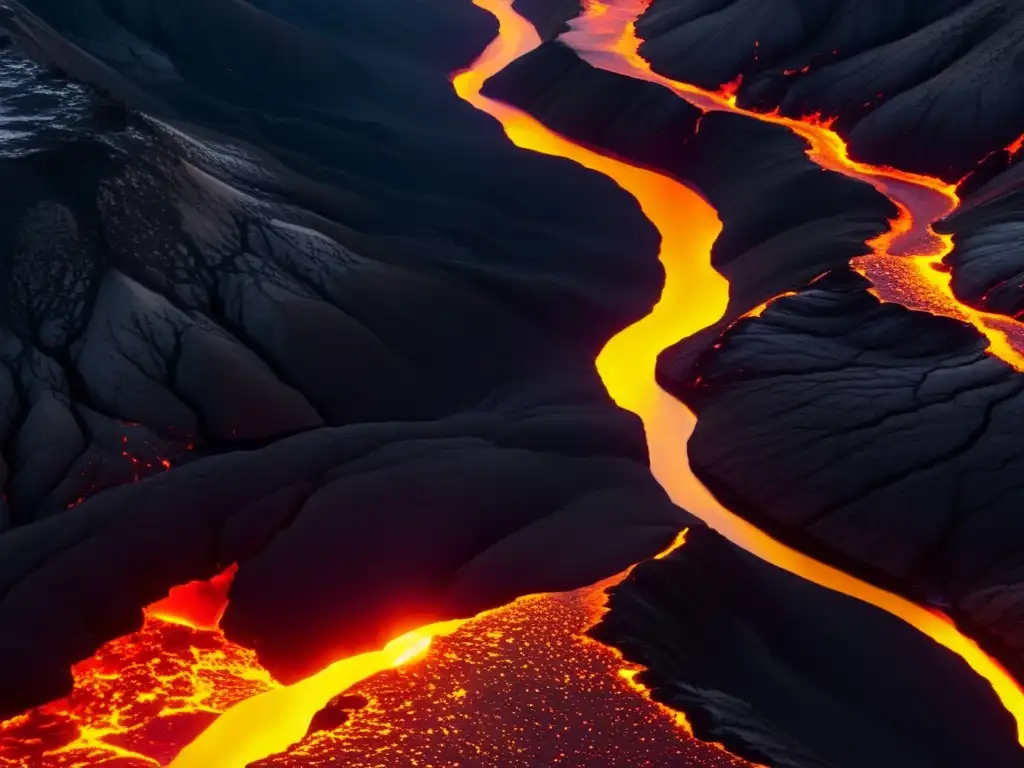 Viscoso magma en fisura volcánica, formación mineral y calor intenso capturan la belleza peligrosa