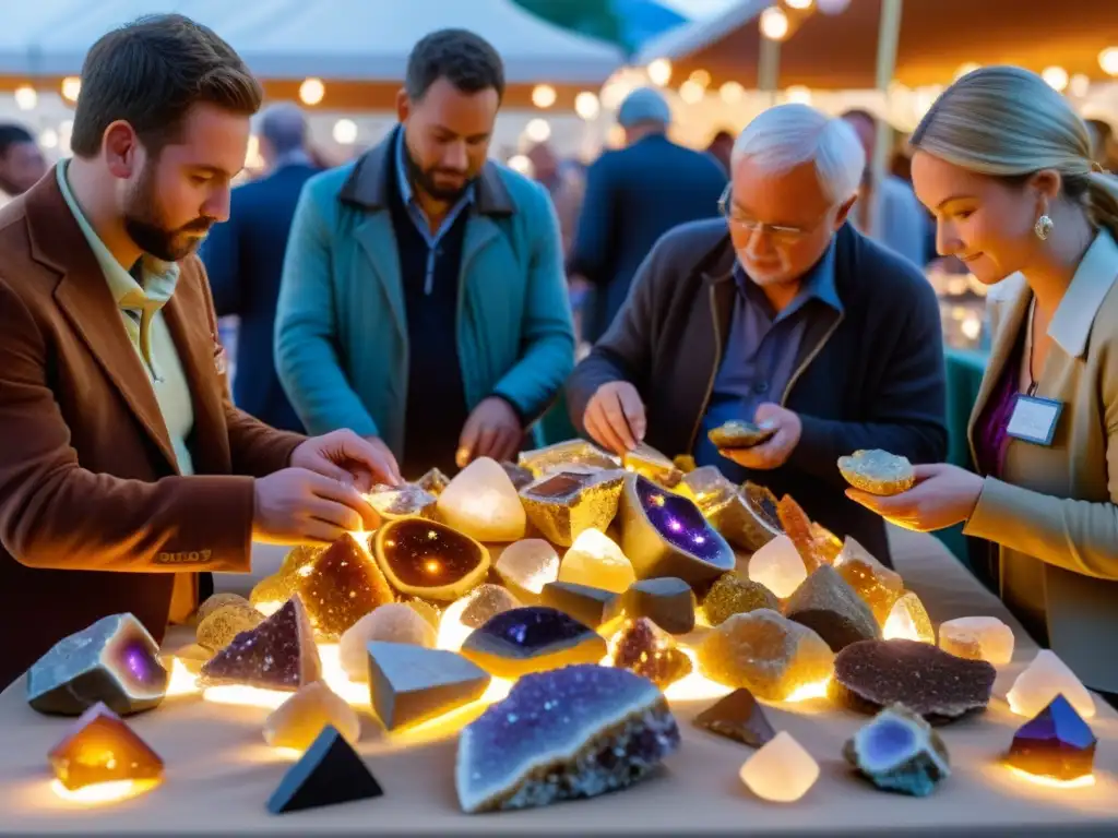 Visitantes asombrados examinan geodas y cristales en una feria de minerales, con una iluminación cálida que realza su asombro