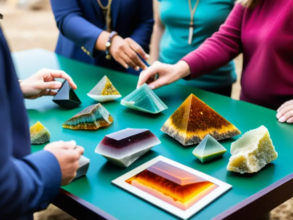 Visitantes disfrutando de la experiencia en una feria de minerales, examinando y discutiendo especímenes coloridos y texturizados