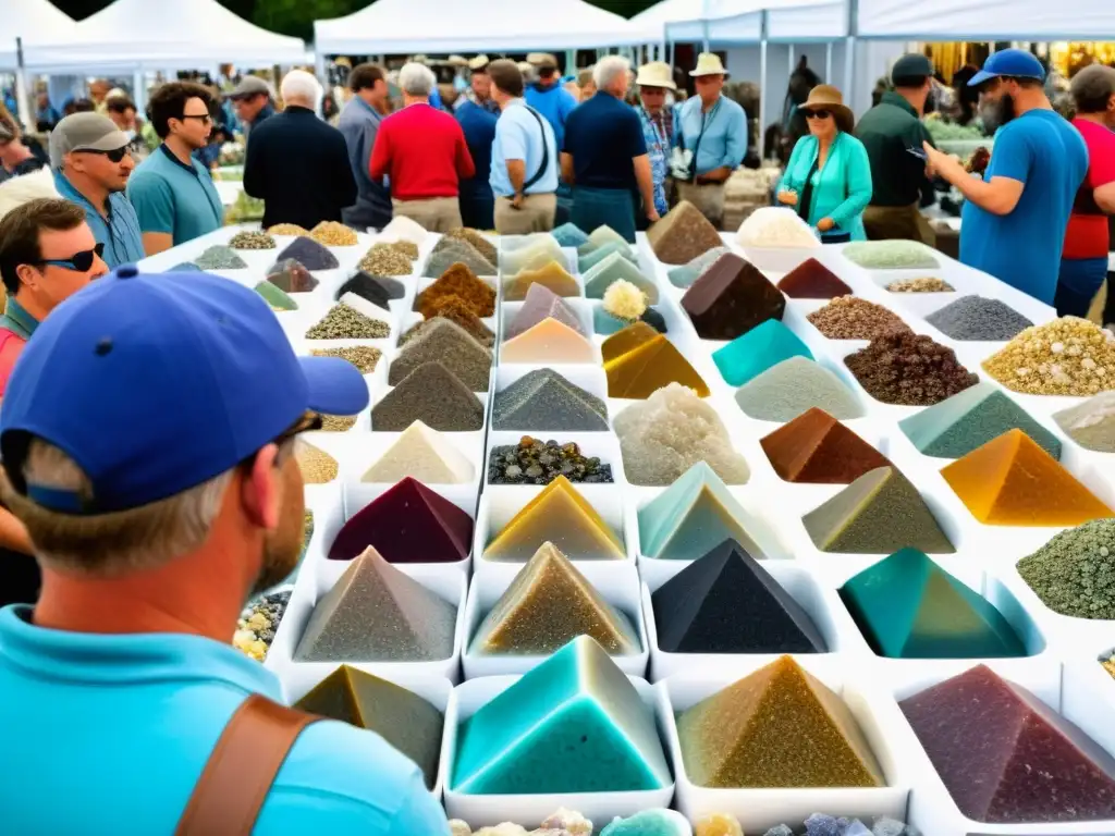 Visitantes explorando una feria de minerales, sumergidos en experiencias enriquecedoras