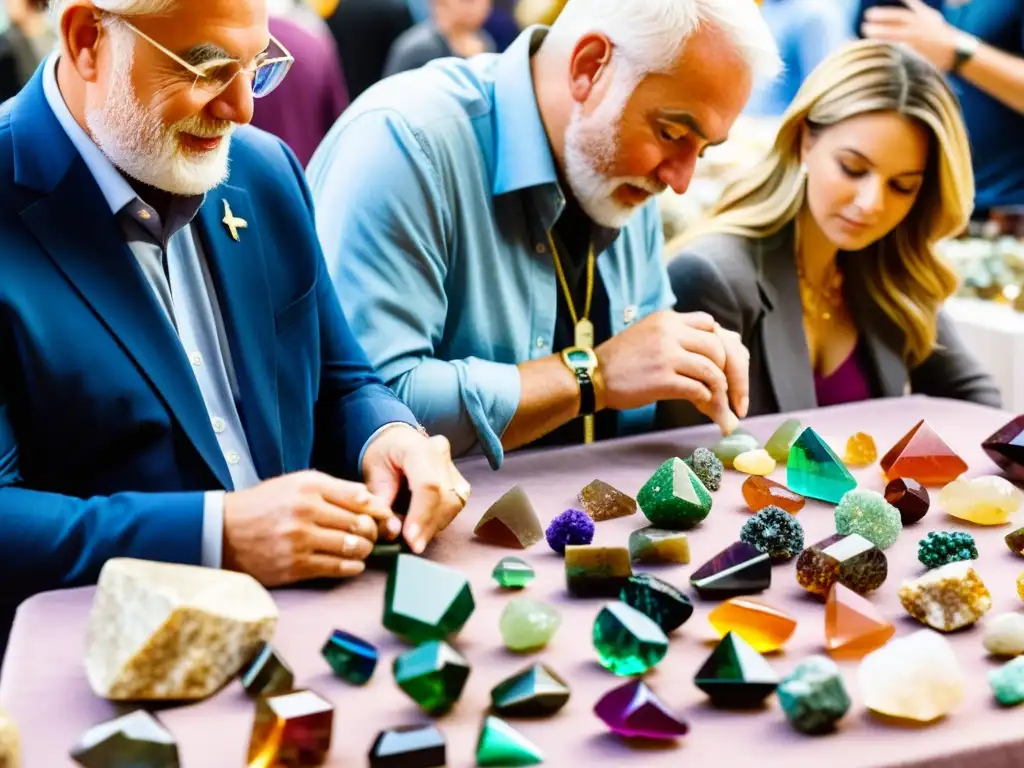 Visitantes maravillados exploran una deslumbrante variedad de minerales y gemas en una feria de minerales, creando una experiencia cautivadora