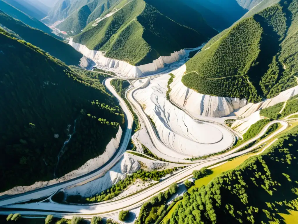 Vista aérea de las canteras de mármol de Carrara en Italia, con impresionantes formaciones geológicas y operaciones industriales