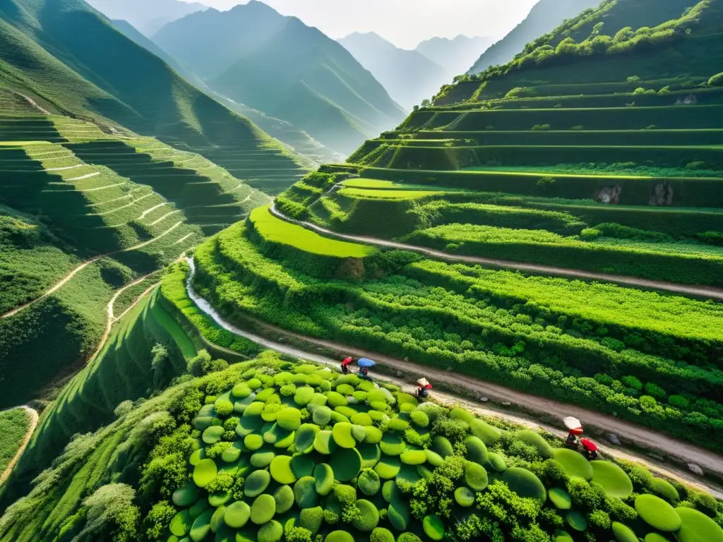 Vista aérea de la extracción de jade en China, trabajadores tradicionales en un valle verde sereno al amanecer