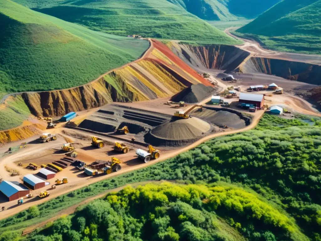 Vista aérea de una comunidad minera remota en un paisaje montañoso exuberante, destacando el comercio ético de minerales