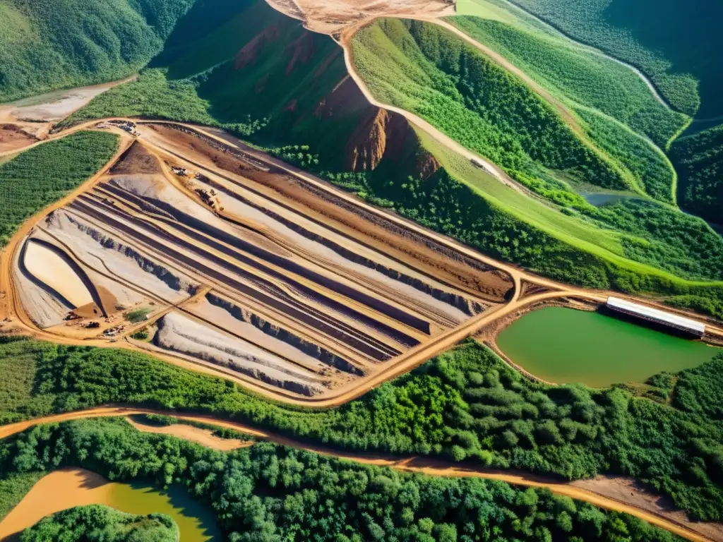 Vista aérea detallada de equipos de perforación para minería a pequeña escala, mostrando la complejidad de la actividad humana en el paisaje natural