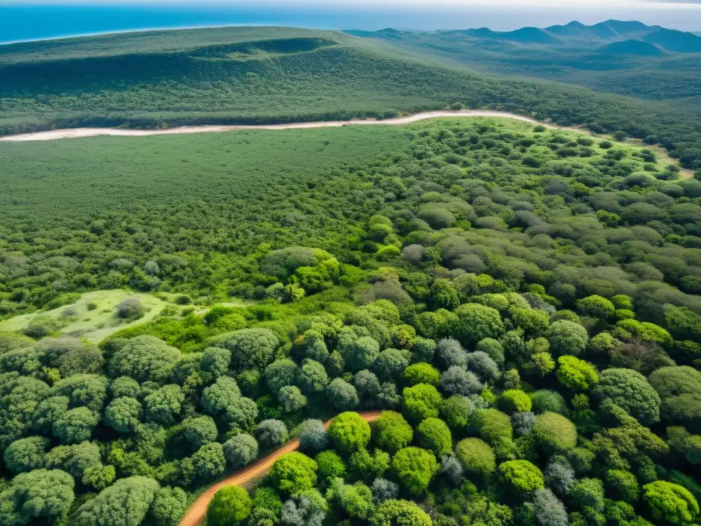 Vista aérea de restauración de ecosistemas mineros con exuberante vegetación nativa, destacando su impacto positivo en la recuperación del paisaje