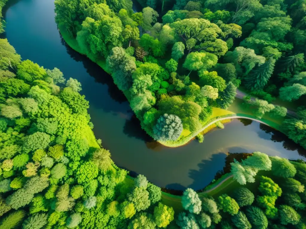 Vista aérea de exuberante paisaje con río, bosque y montañas