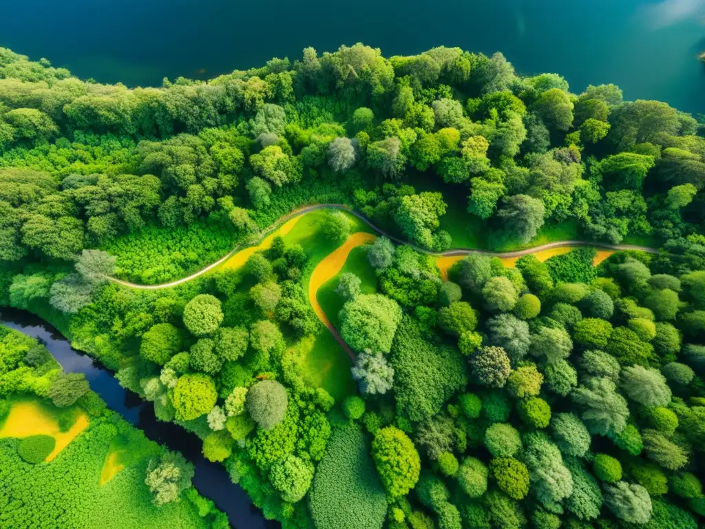 Vista aérea de exuberante paisaje verde con ríos serpenteantes y vida silvestre